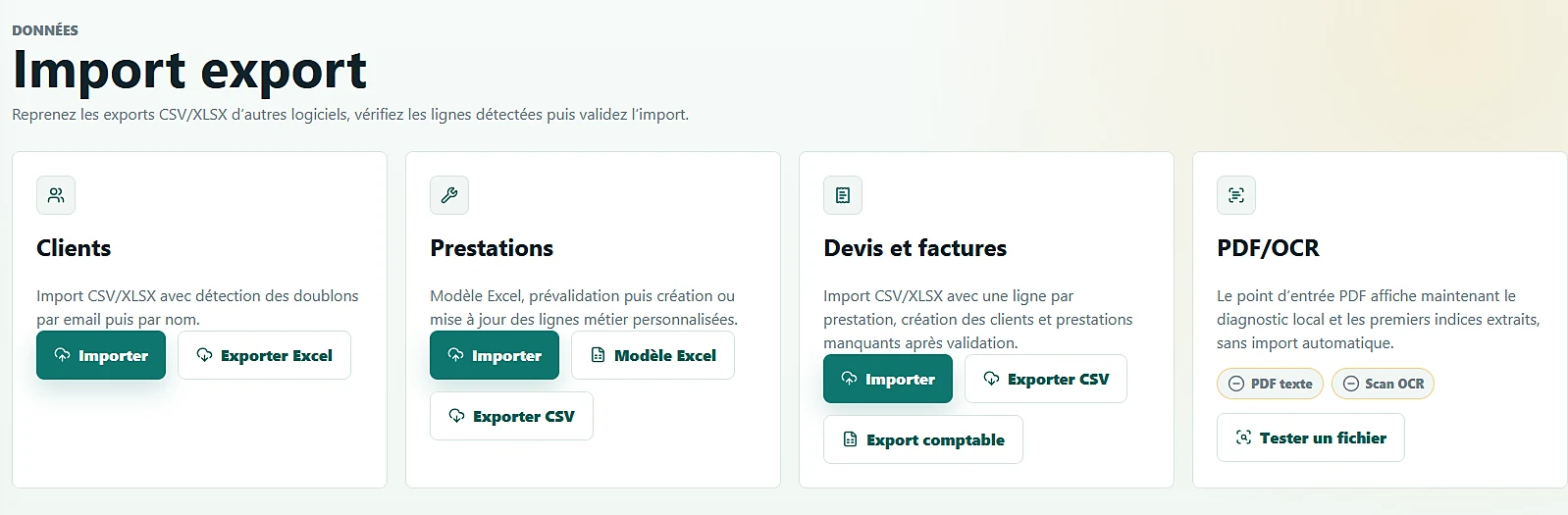 Écran import export Factisan avec imports clients, prestations, devis, factures et exports CSV ou Excel.
