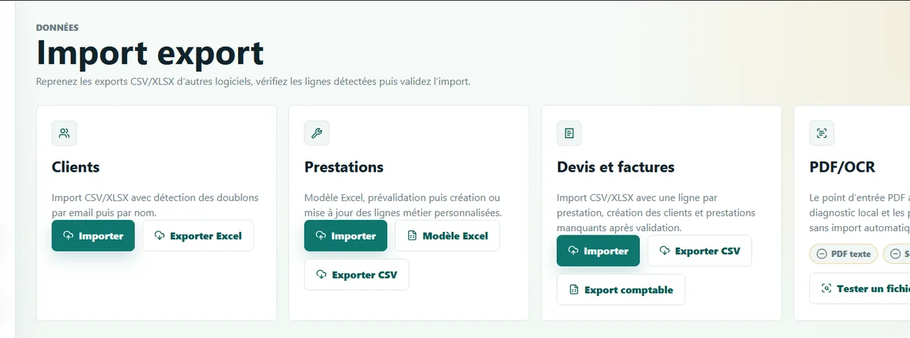 Page import export Factisan Plombier pour clients, prestations, devis, factures et PDF