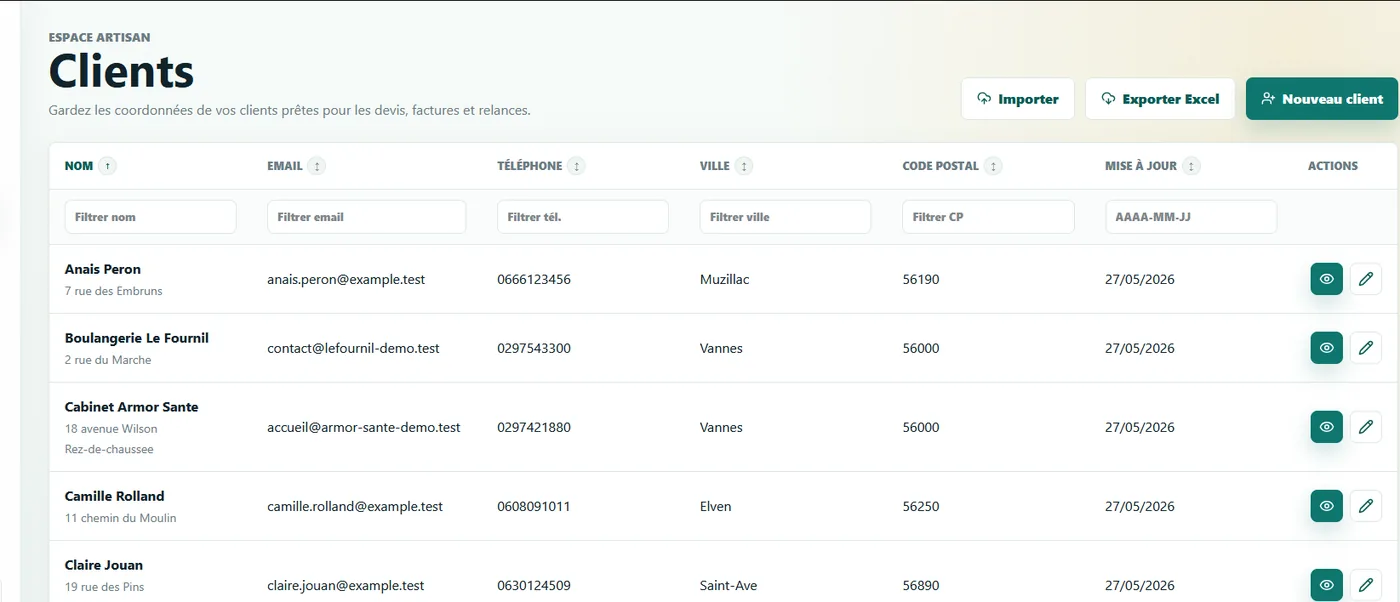Liste clients Factisan Plombier avec coordonnées, ville, code postal et date de mise à jour
